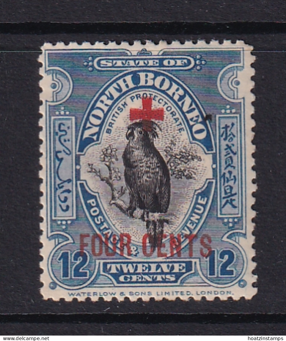 North Borneo: 1918   Red Cross OVPT - Surcharge - Palm Cockatoo    SG243   12c + 4c     MH - North Borneo (...-1963)