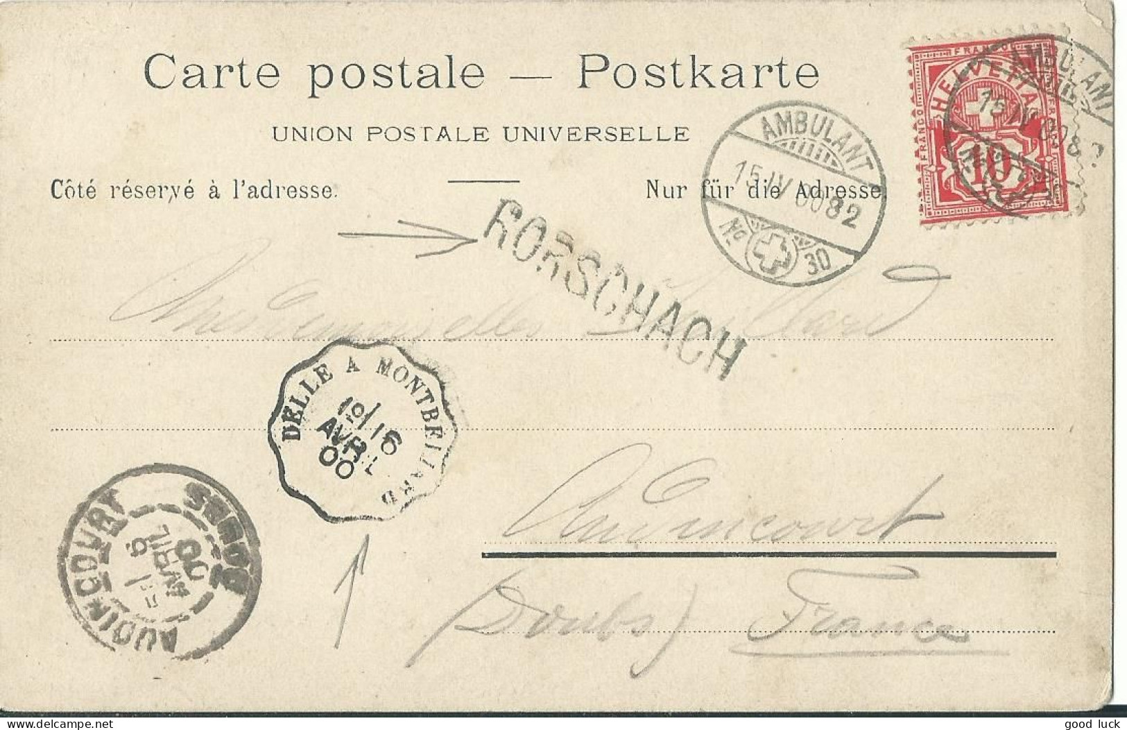 SUISSE CARTE 10c MARQUE LINEAIRE RORSCHACH + AMBULANT N°30 POUR AUDINCOURT ( DOUBS ) DE 1900  LETTRE COVER - Lettres & Documents