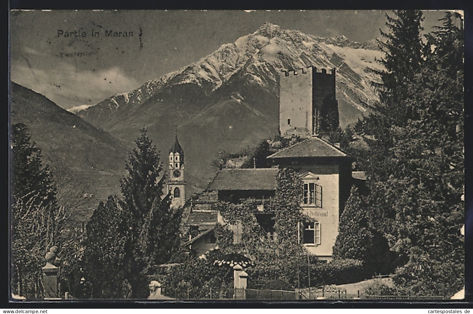 Cartolina Meran, Panorama Mit Pension Und Turm  - Autres & Non Classés