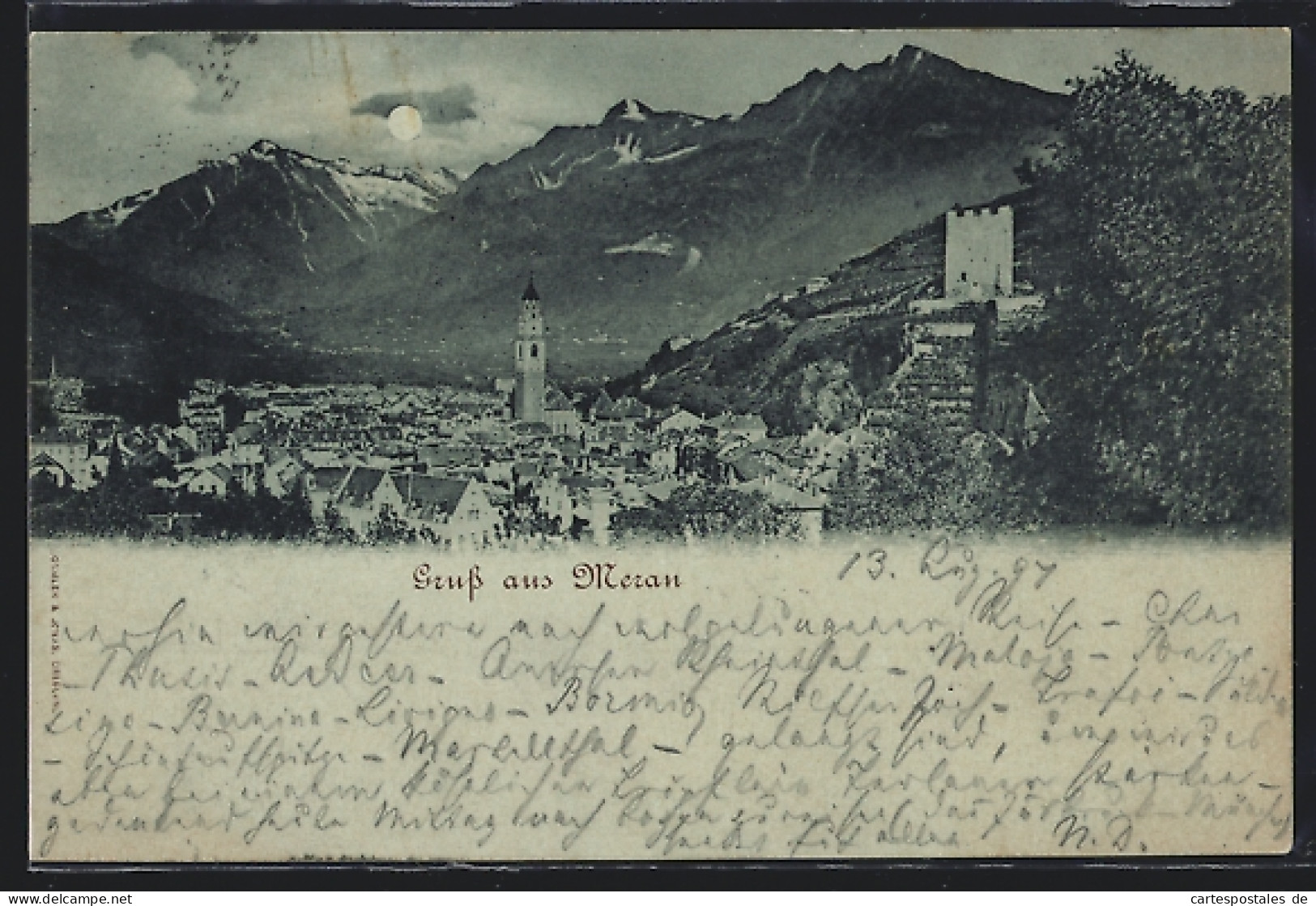 Lume Di Luna-Cartolina Meran, Panorama Mit Kirche  - Autres & Non Classés