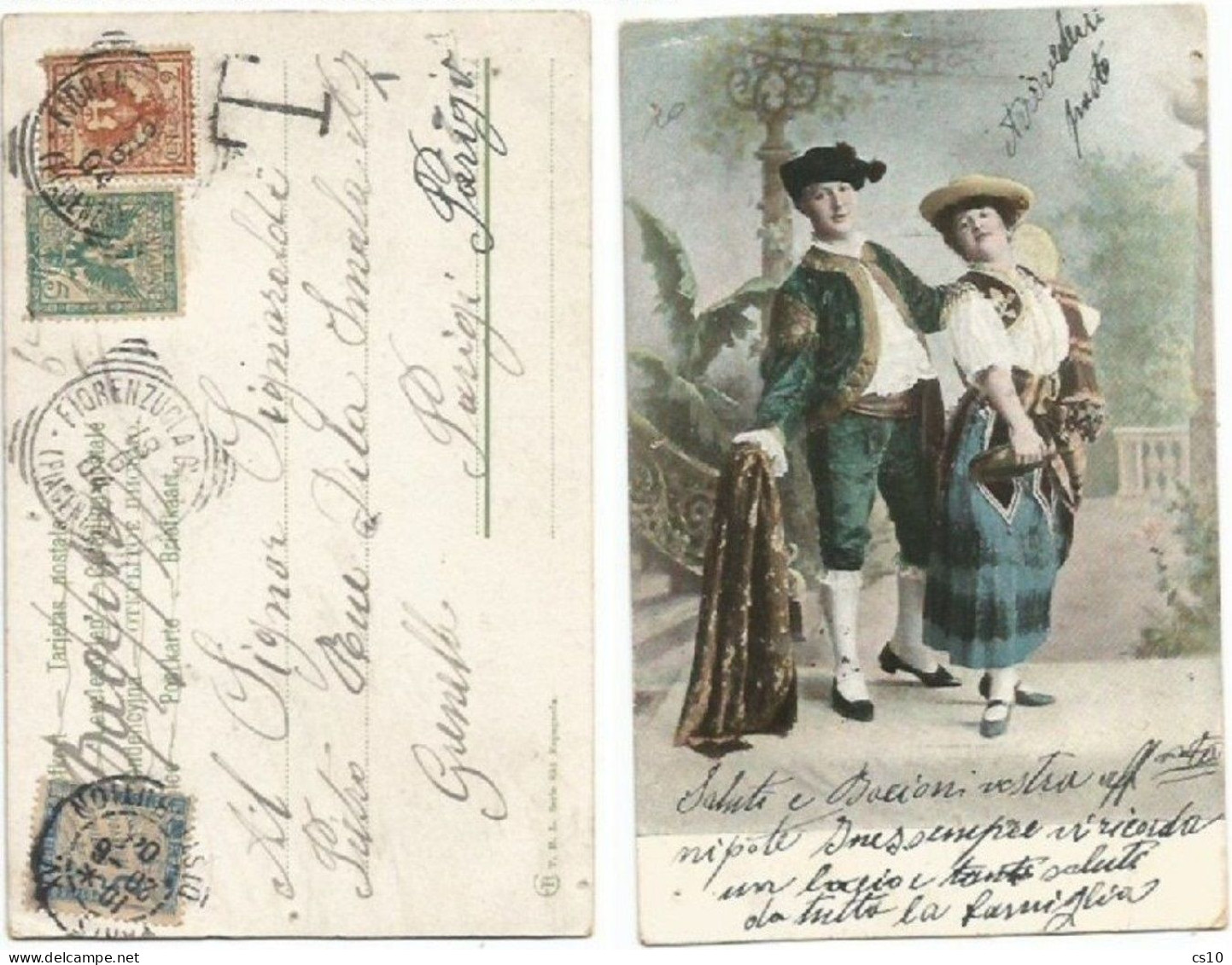 France Timbre Taxe C.5 Sur CP Italie Avec Floreale C2+c5 Fiorenzuola 18giu 1904 X Paris - Covers & Documents