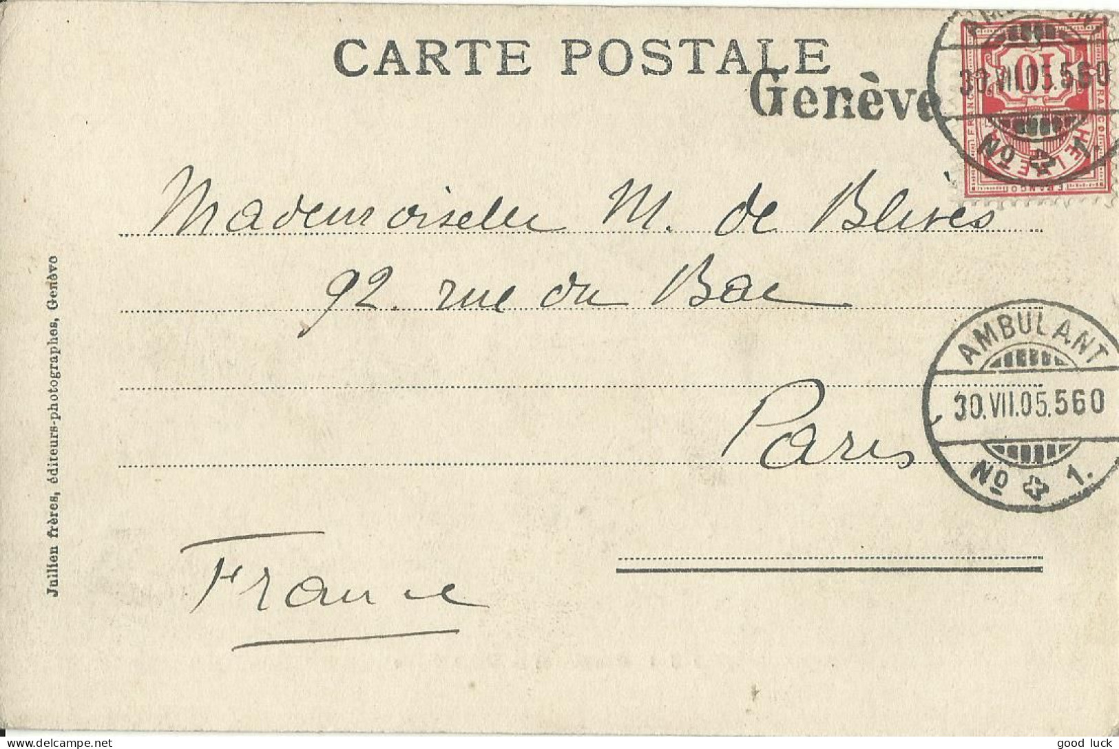 SUISSE CARTE 10c MARQUE LINEAIRE GENEVE + AMBULANT N°1 POUR PARIS DE 1905  LETTRE COVER - Covers & Documents