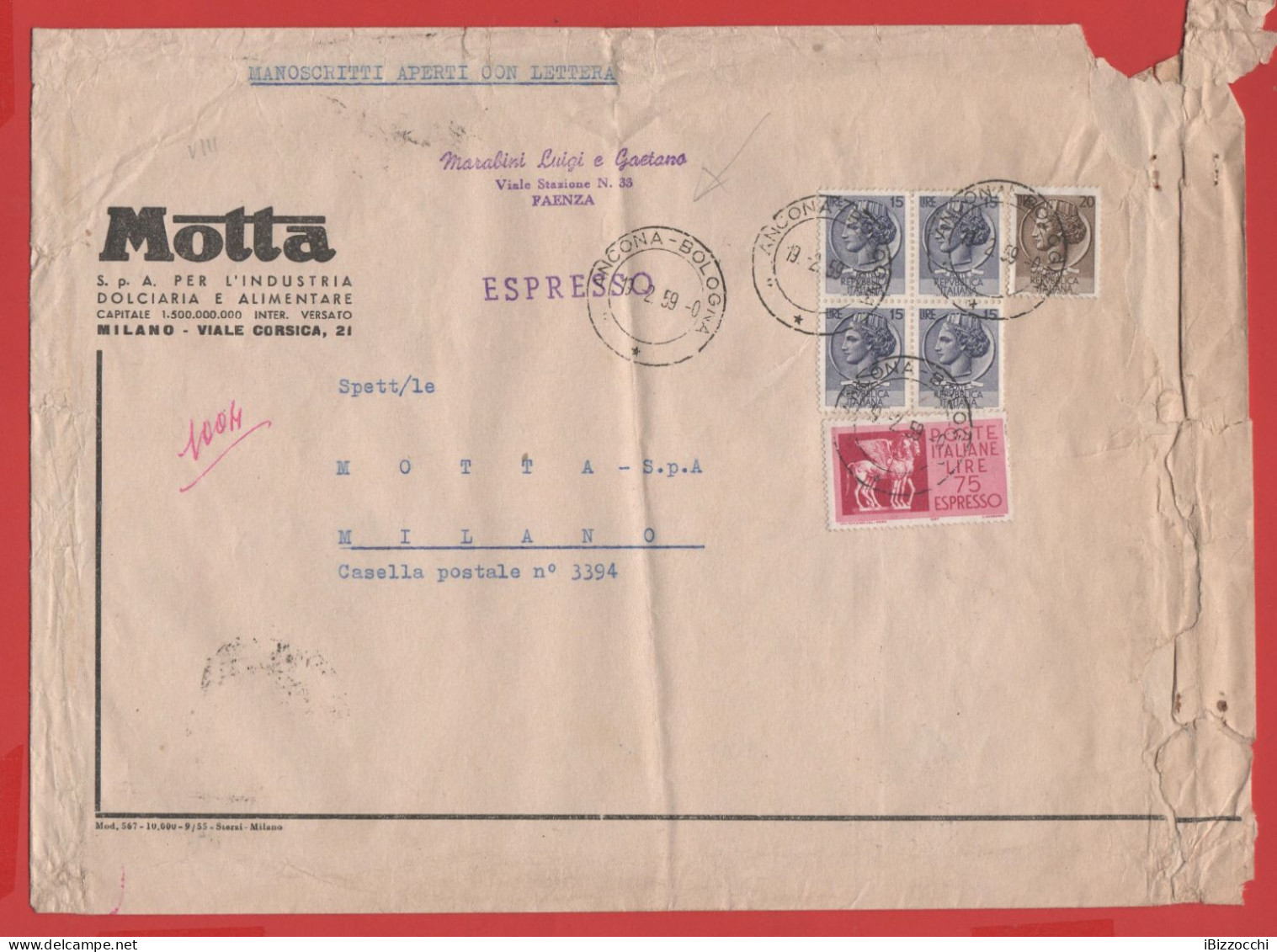 ITALIA - Storia Postale Repubblica - 1959 -  4x 15 Antica Moneta Siracusana + 20 Antica Moneta Siracusana + 75 Cavalli A - 1946-60: Marcophilia