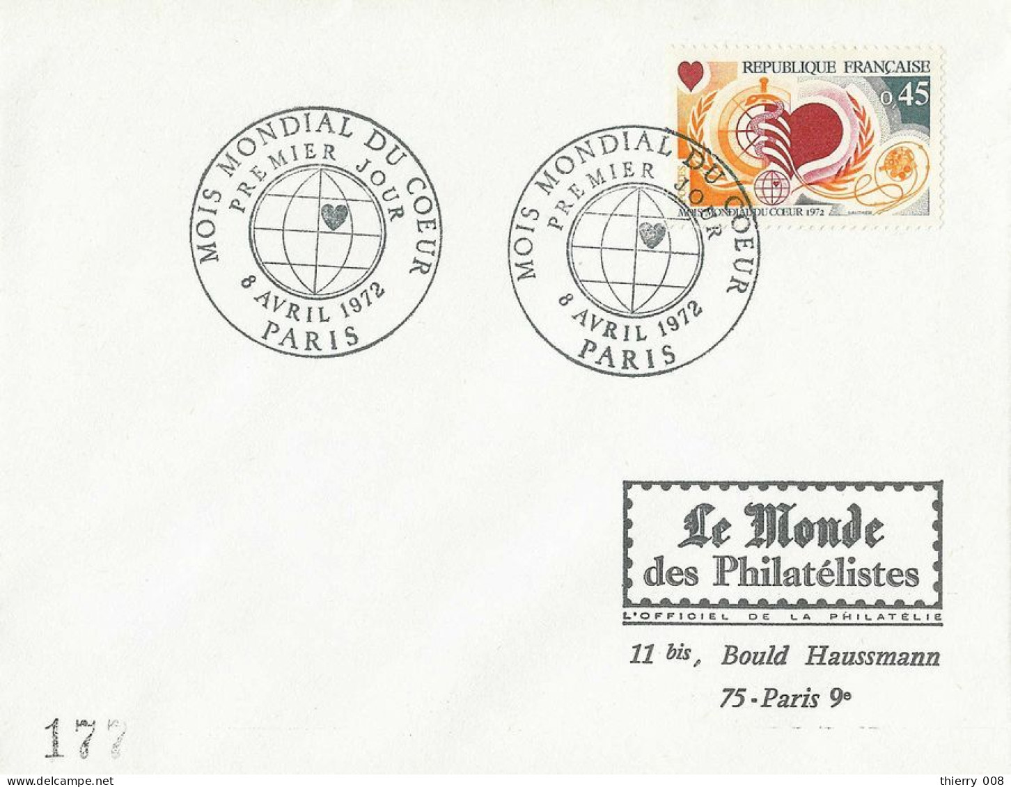 1711  Premier Jour  Mois Mondial Du Coeur  Paris  8 Avril 1972 - 1970-1979