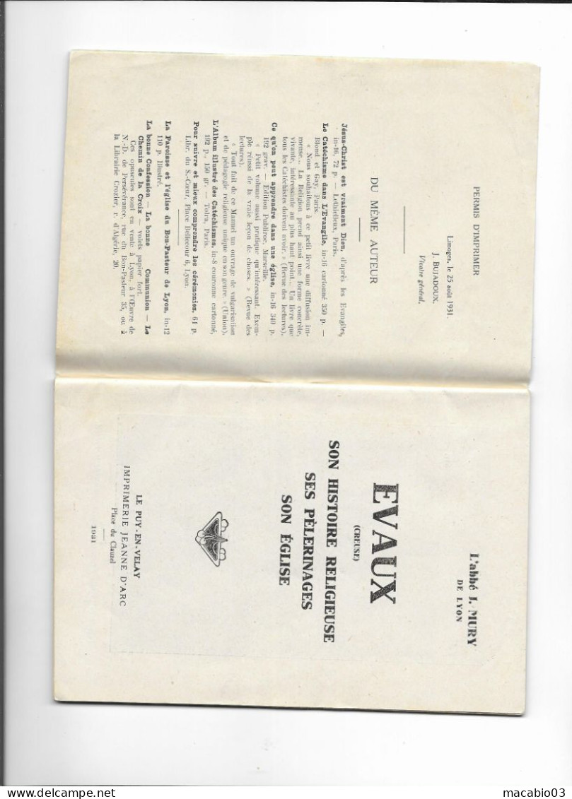 23 Creuse :Evaux Les Bains Livret Son Histoire Religieuse Ses Pèlerinages Son église En 1931 Par L'abbé J.Maury De Lyon - Evaux Les Bains