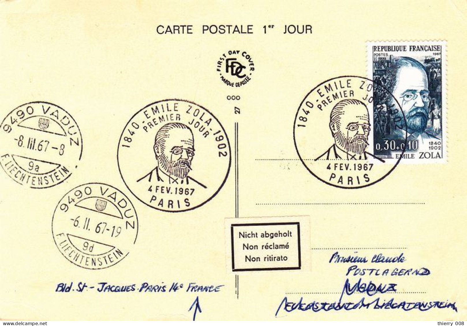 1511 Carte Postale Premier Jour 7 Février 1967 Emile Zola 75 Paris Vers Liechtenstein Avec Vignette Objet Non Réclamé - 1960-1969