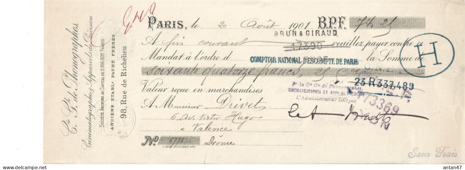 Traite 1901 / 75001 PARIS / Cie Des Phonographes, Cinématographes & Appareils De Précision - Letras De Cambio