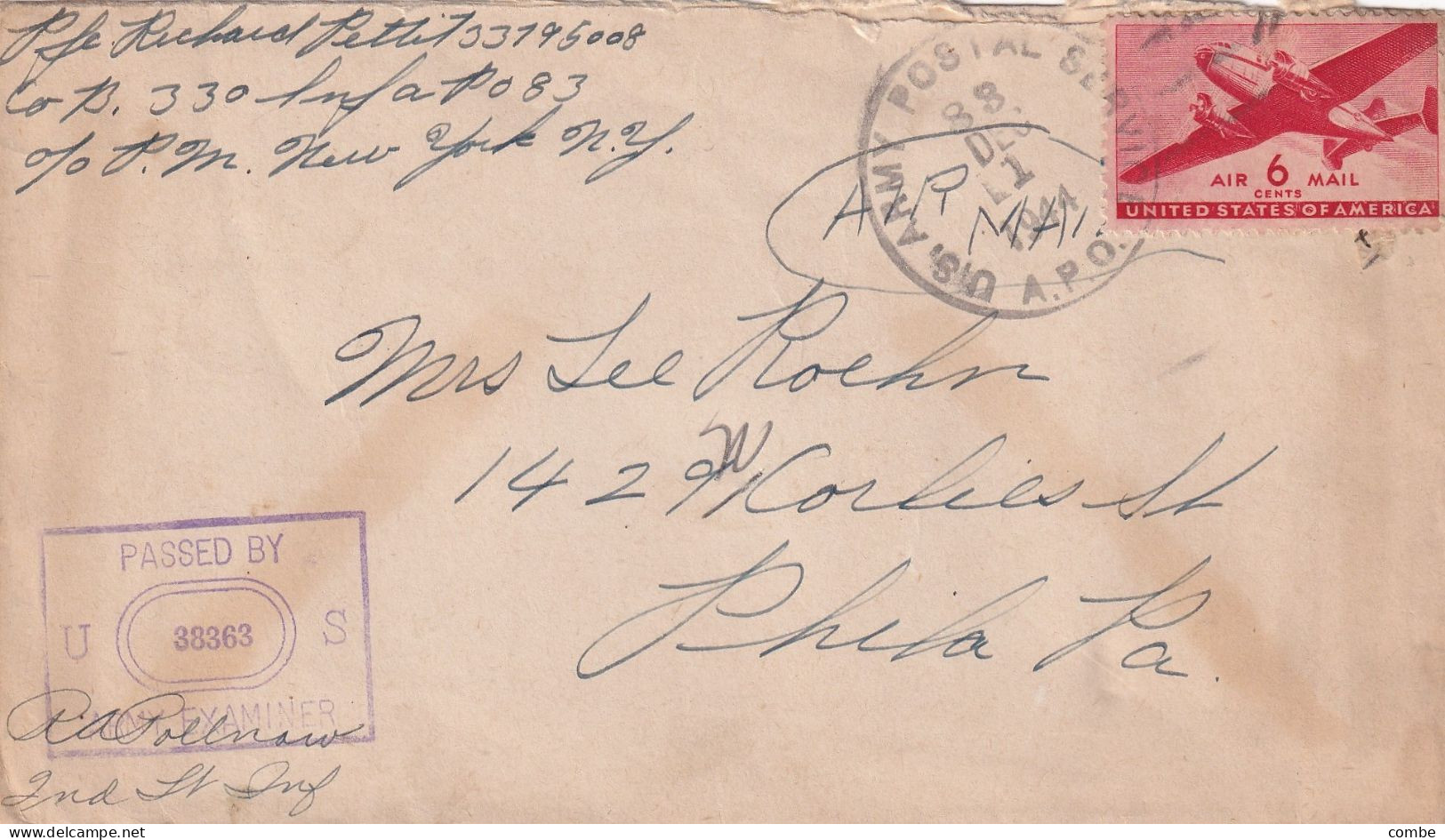 COVER USA. 1 DEC 1944. APO 88. FLORENCE. ITALY. PASSED BY EXAMINER - Covers & Documents