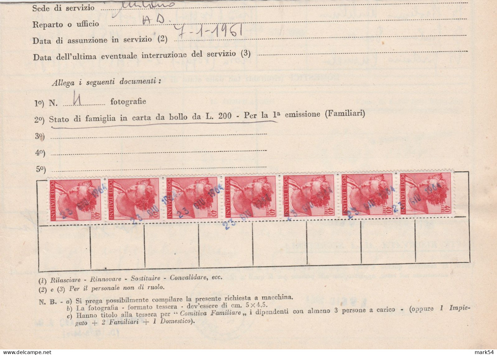 Michelangiolesca (9) Richiesta Tessere Ferroviarie 7 Valori Da 40 Lire - 1961-70: Marcofilia