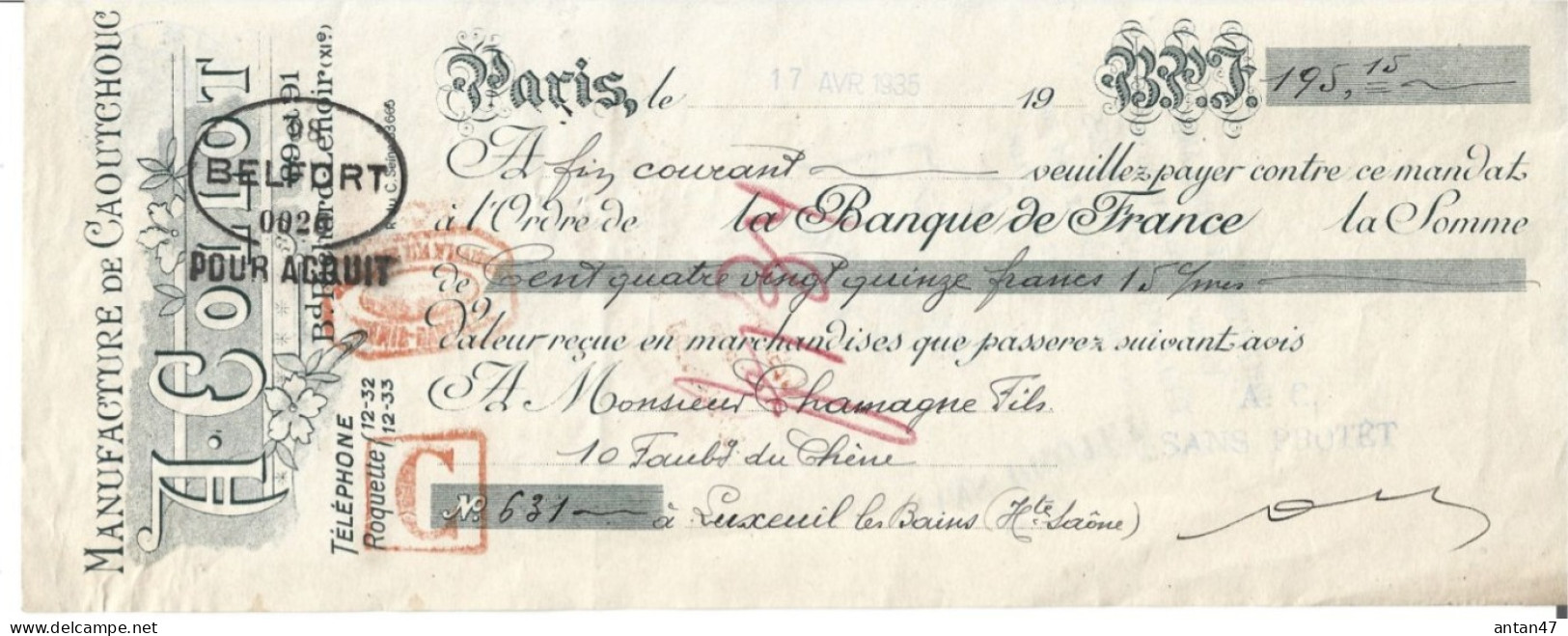 Traite Illustrée 1935 / 75011 PARIS / Manufacture De Caoutchouc COLLOT - Bills Of Exchange