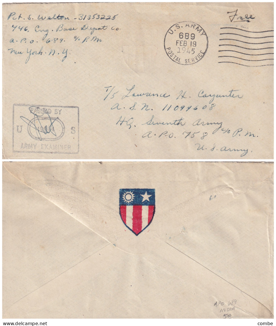 COVER USA. 19 FEB 1945. APO 689. LEDO ASSAM. INDIA. PASSED BY EXAMINER - Covers & Documents