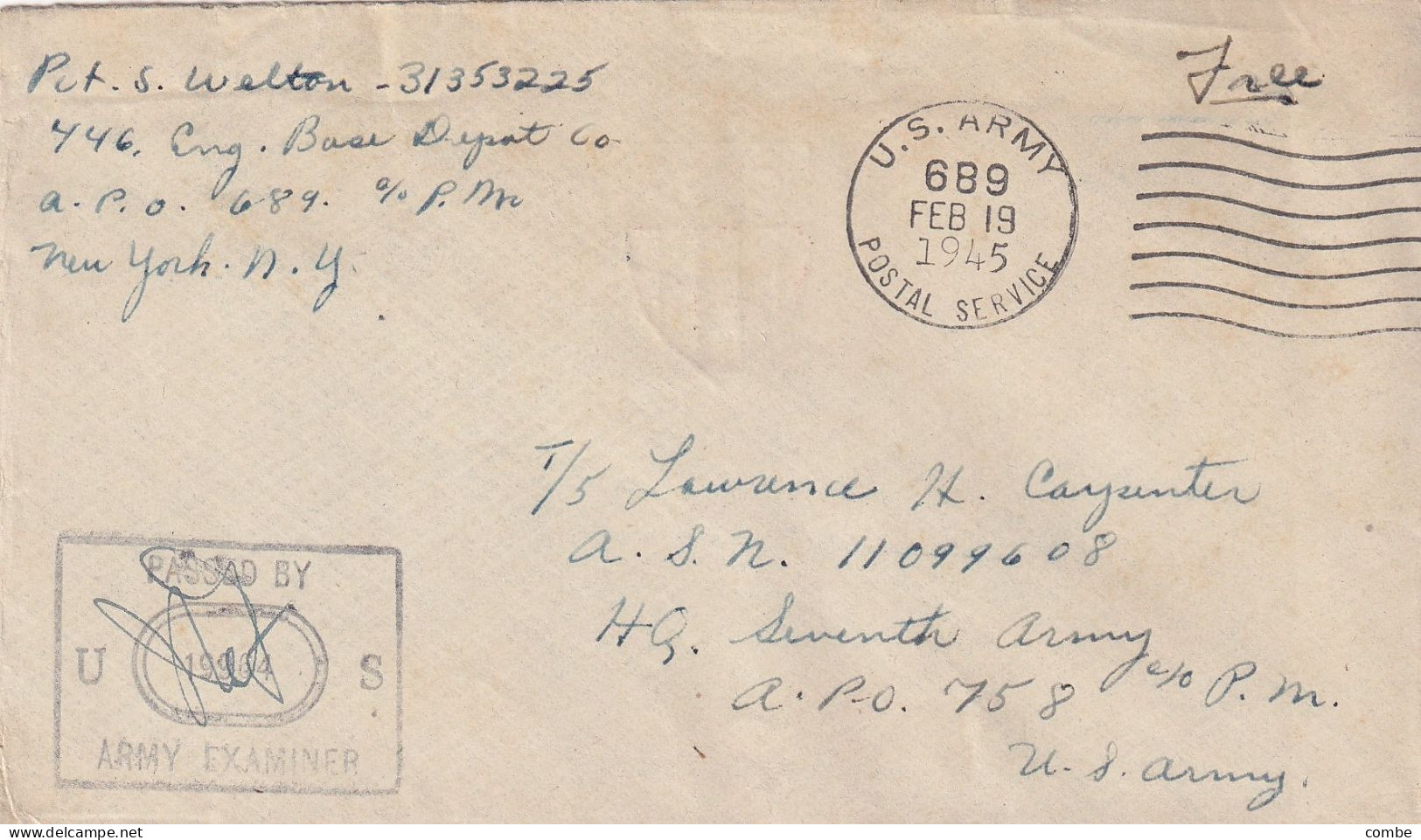 COVER USA. 19 FEB 1945. APO 689. LEDO ASSAM. INDIA. PASSED BY EXAMINER - Covers & Documents