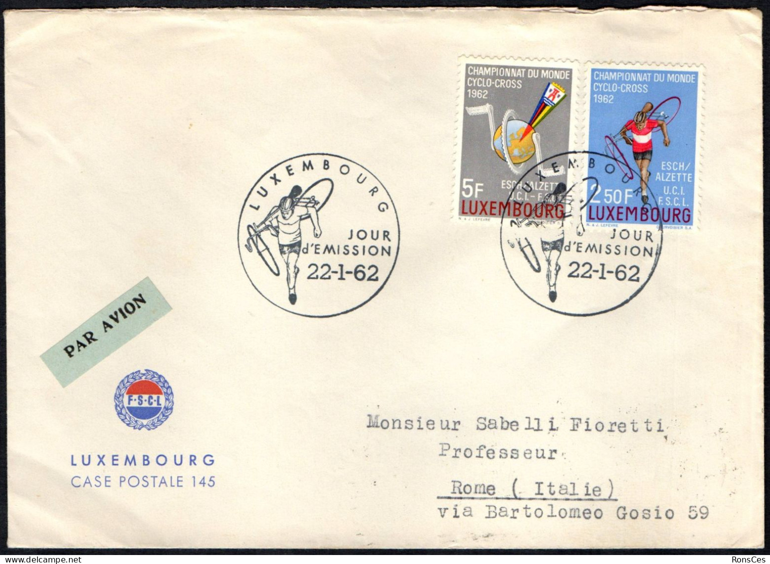 CYCLING - LUXEMBOURG 1962 - CHAMPIONNAT DU MONDE CYCLO-CROSS - MAILED FDC - A - Wielrennen
