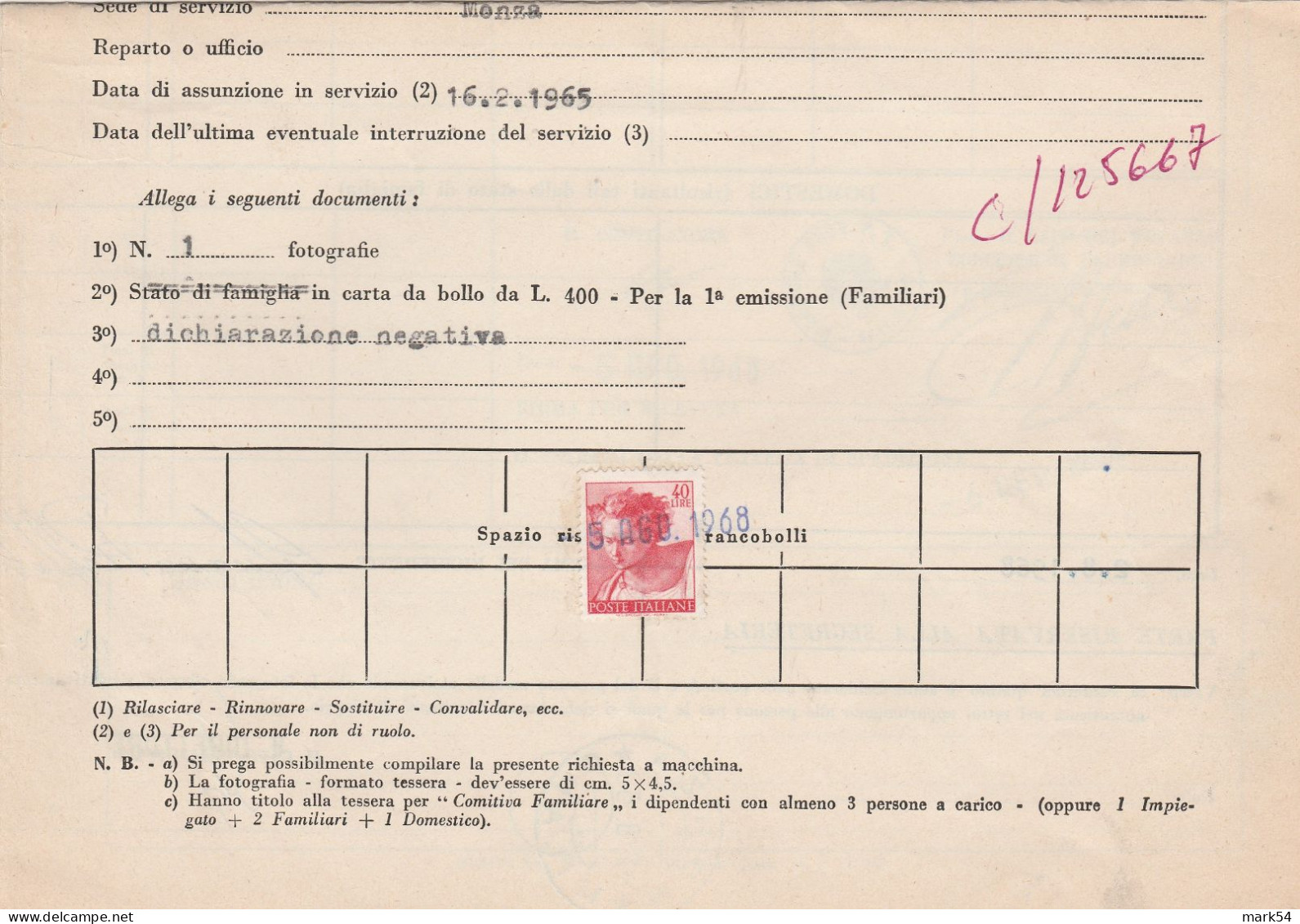 Michelangiolesca (8) Richiesta Tessere Ferroviarie Isolato 40 Lire - 1961-70: Marcofilia