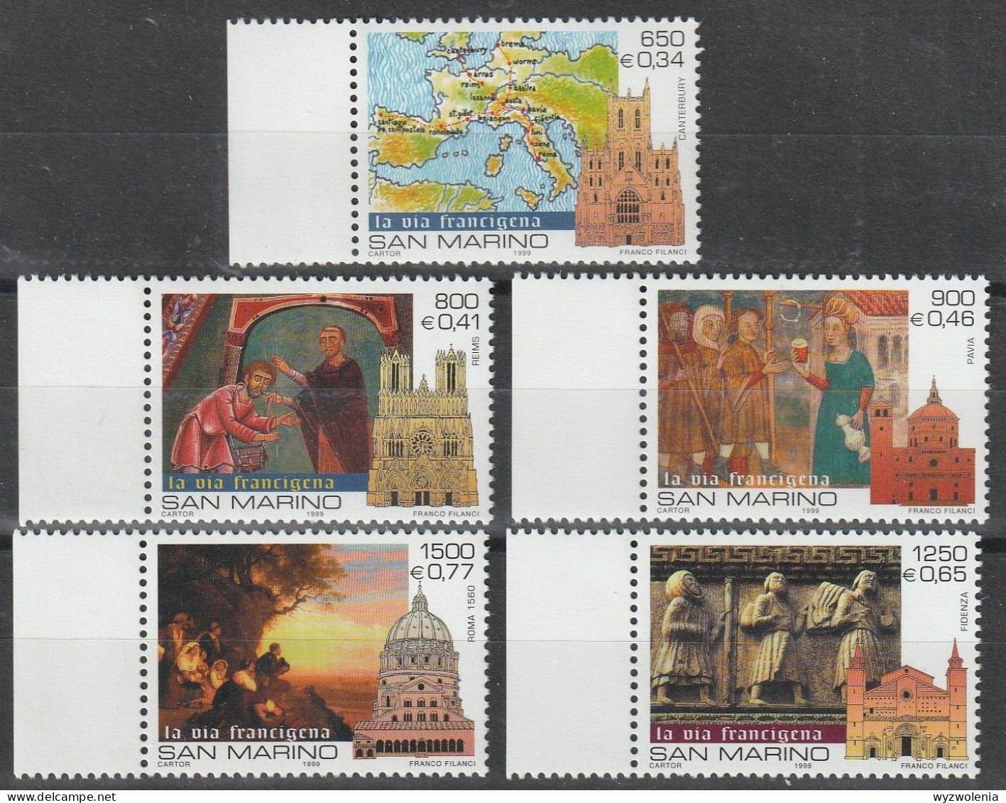 D 1758) San Marino 1999 Mi# 1840-44 **: Pilgerreisen Nach Rom, Landkarte, Fresko - Neufs