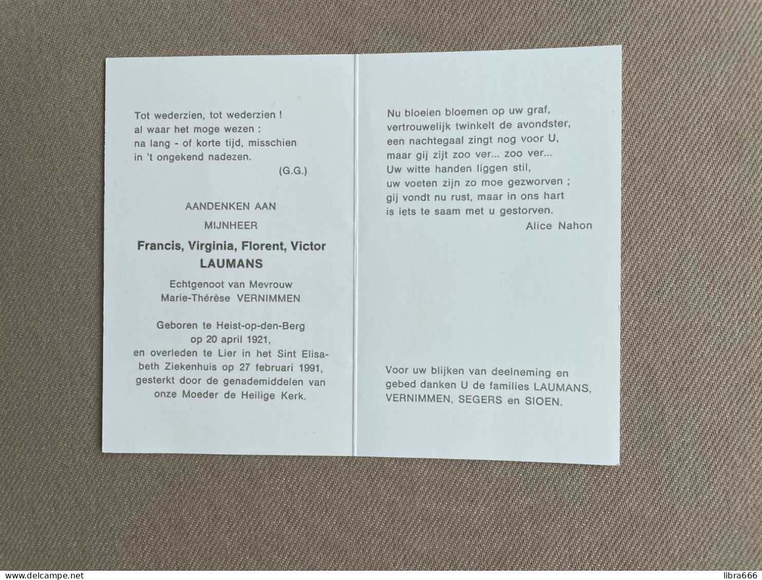 LAUMANS Francis, Virginia, Florent, Victor °HEIST-OP-DEN-BERG 1921  +LIER 1991 - VERNIMMEN - SEGERS - SIOEN - Obituary Notices