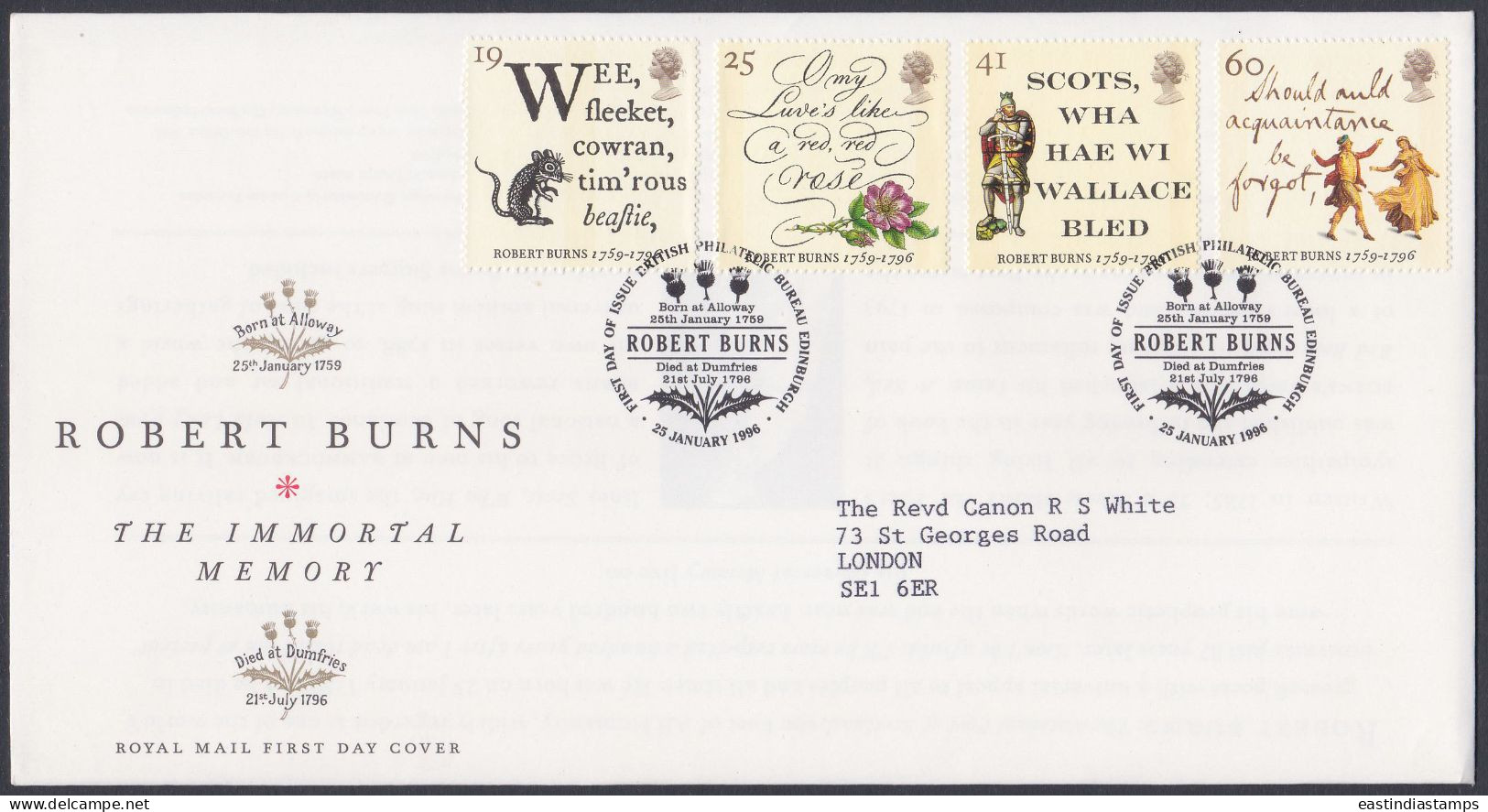GB Great Britain 1996 FDC Robert Burns, Poet, Lyricist, Poem, Art, Literature, Pictorial Postmark, First Day Cover - Lettres & Documents