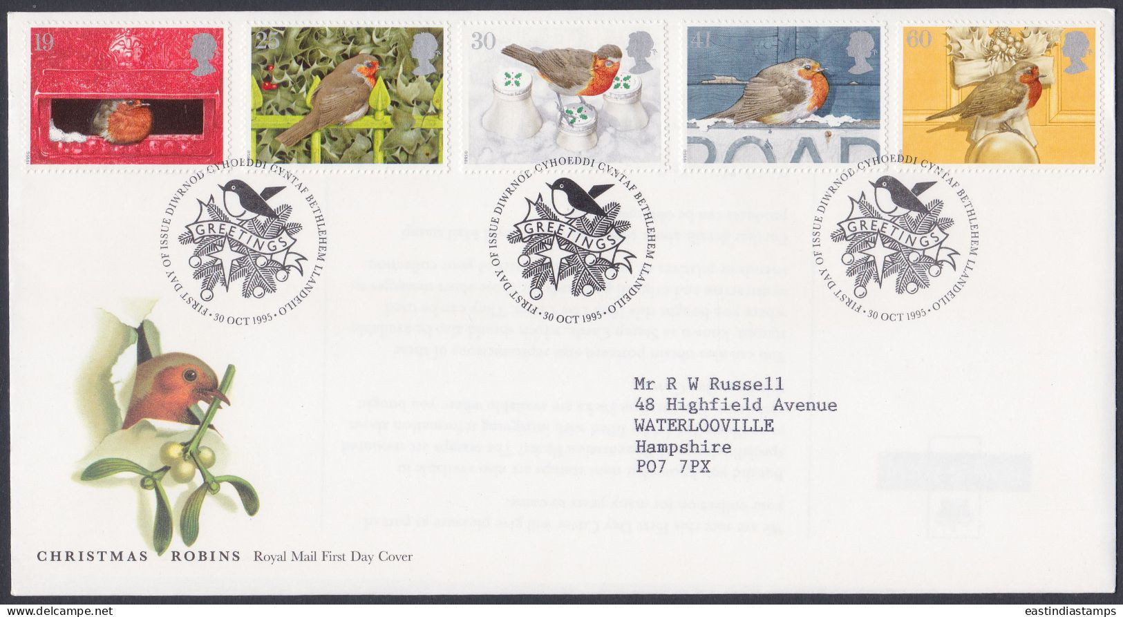 GB Great Britain 1995 FDC Christmas Robins, Robin, Bird, Birds, Pictorial Postmark, First Day Cover - Storia Postale