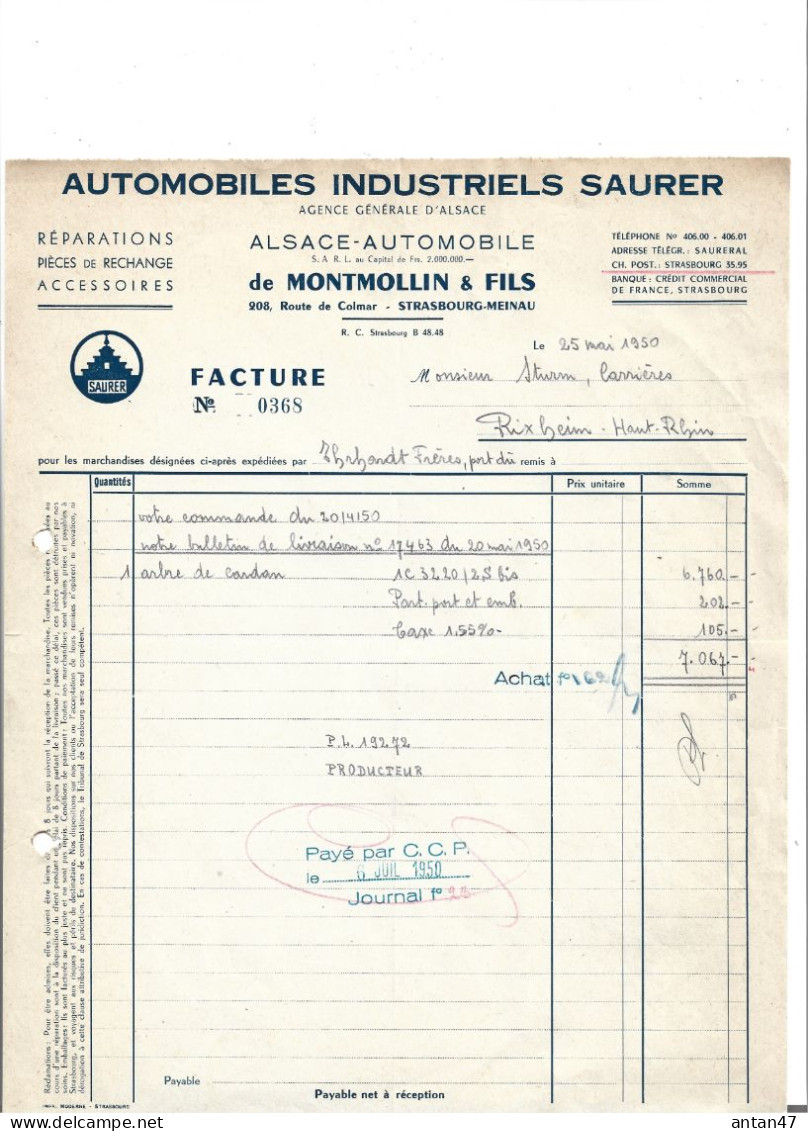 Facture 1950 / 67 STRASBOURG MEINAU / Garage Automobiles SAURER / MONTMOLLIN - Automobil