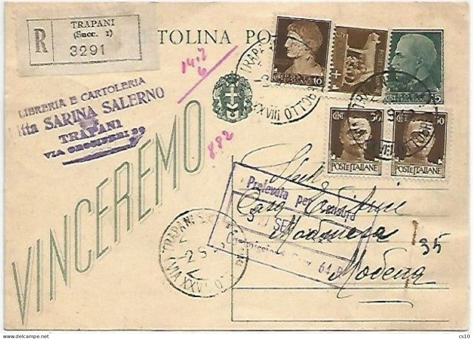 CP Vinceremo C97 + Altri Per C.90 Raccomandata Trapani 2set1942 X Modena - Censurata - Storia Postale