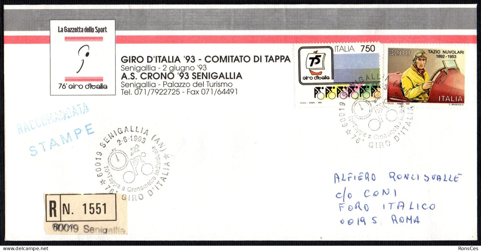 CYCLING - ITALIA SENIGALLIA (AN) 1993 - 76° GIRO D'ITALIA - 10^ TAPPA A CRONOMETRO INDIVIDUALE - RACCOMANDATA - A - Radsport