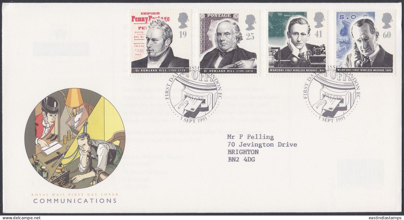 GB Great Britain 1995 FDC Rowland Hill, Marconi, Stamps, Radio, Communications, Pictorial Postmark, First Day Cover - Lettres & Documents