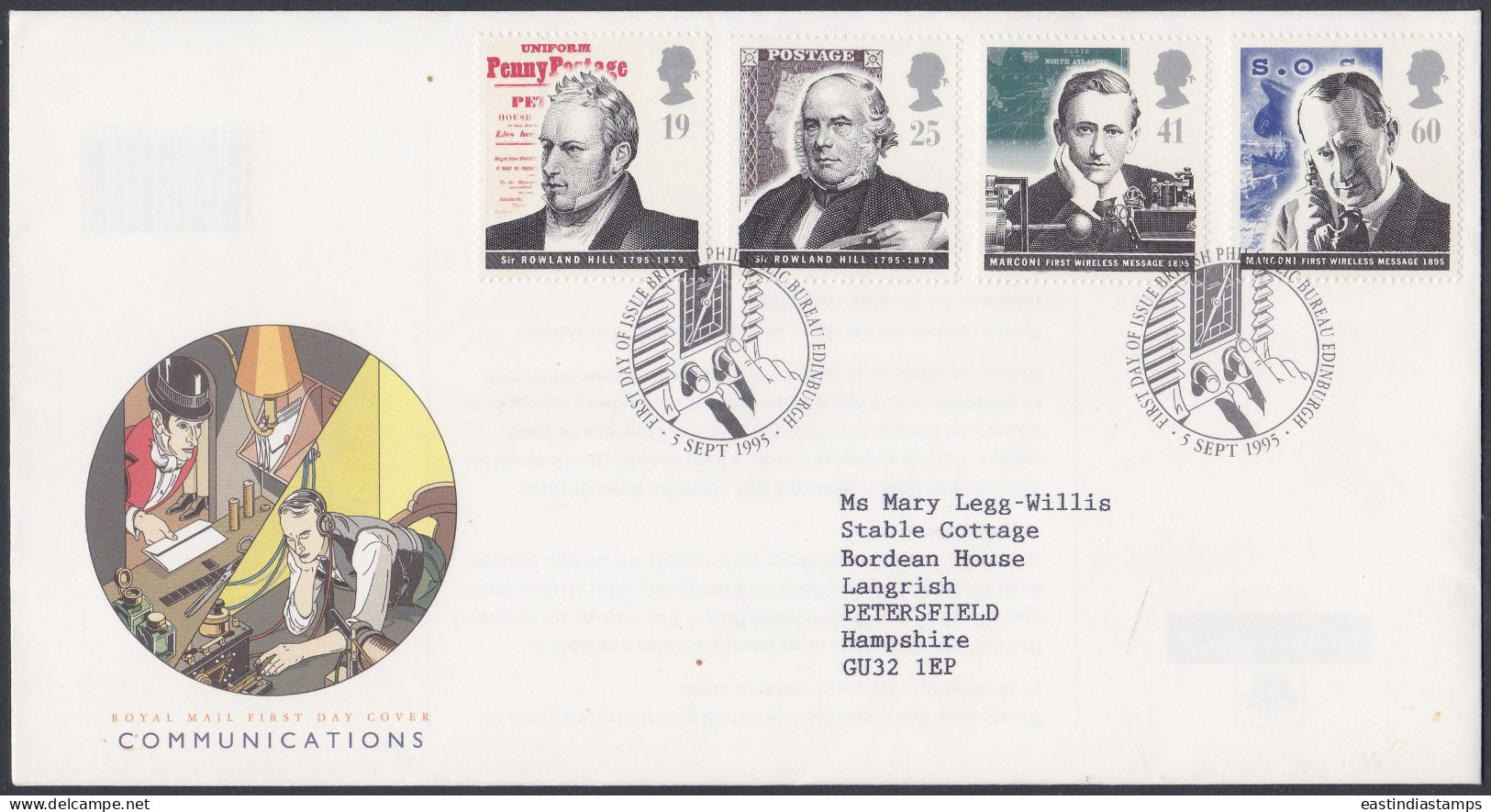 GB Great Britain 1995 FDC Rowland Hill, Marconi, Stamps, Radio, Communications, Pictorial Postmark, First Day Cover - Brieven En Documenten