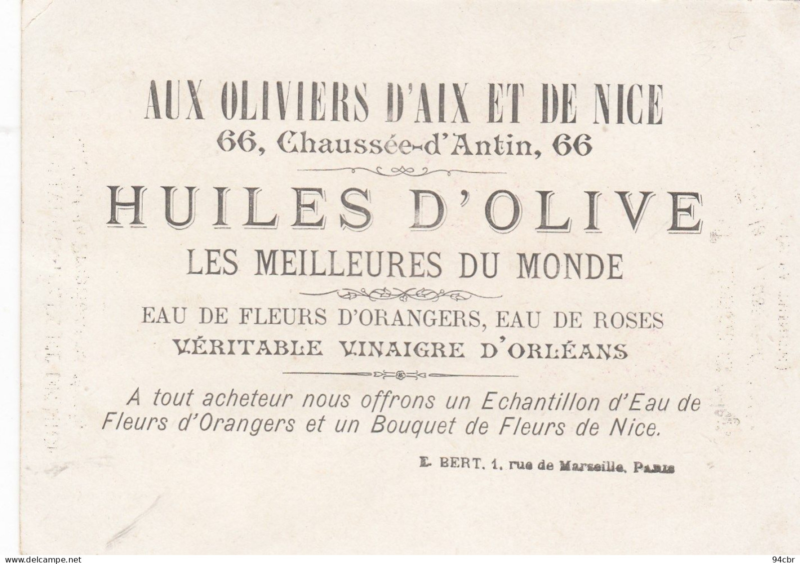 CHROMO IMAGE (8.5x 11.5)   AUX OLIVIERS D AIX ET DE NICE 66 Rue De La Chaussée D Antin - Otros & Sin Clasificación