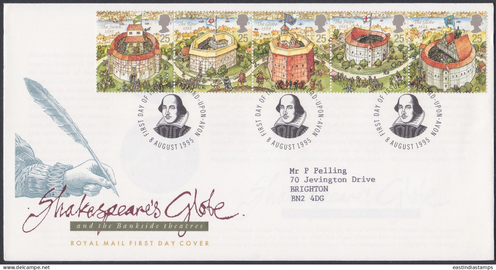 GB Great Britain 1995 FDC William Shakespeare, Bankside Theatre, Culture, Literature Pictorial Postmark, First Day Cover - Covers & Documents