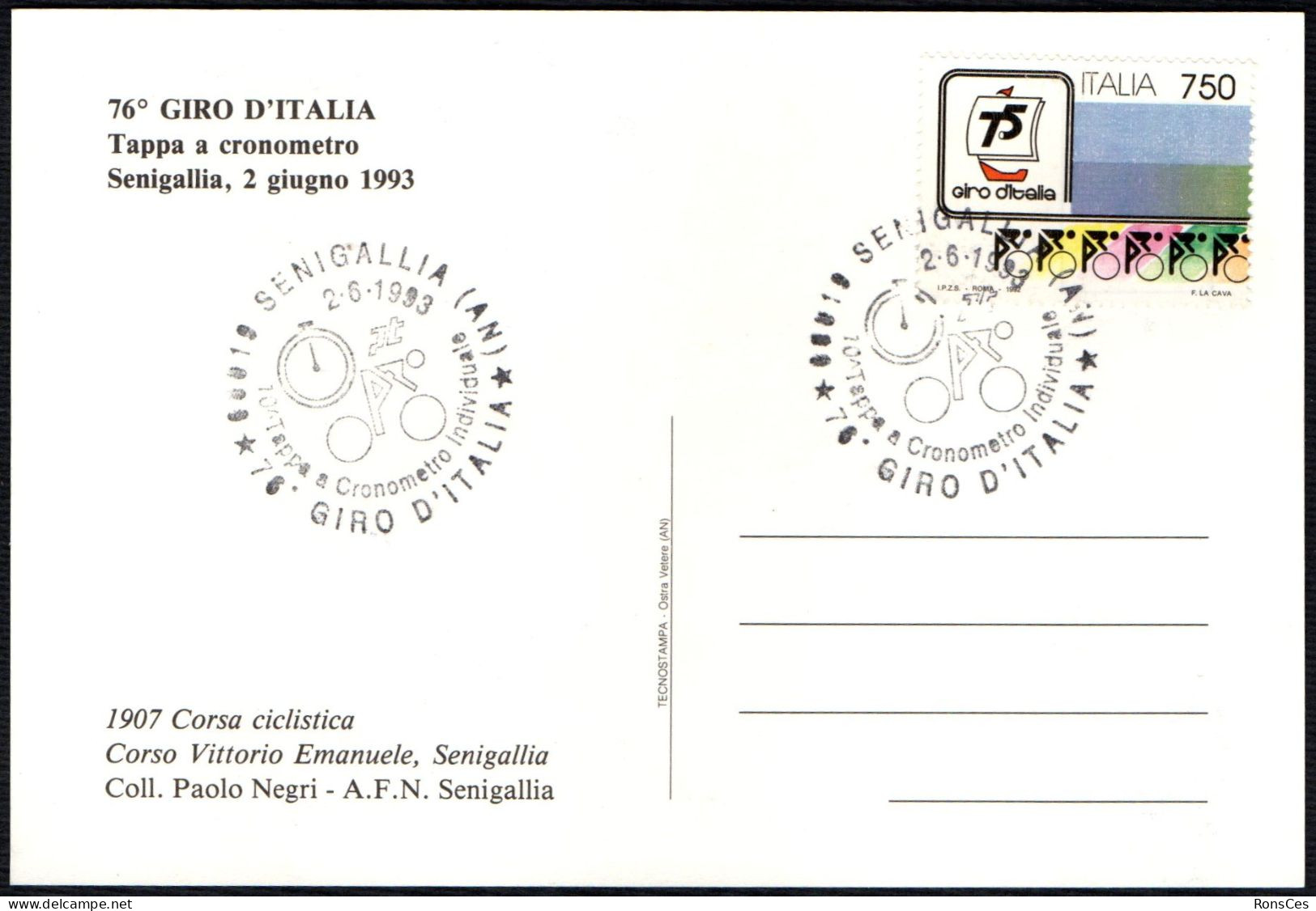 CYCLING - ITALIA SENIGALLIA (AN) 1993 - 76° GIRO D'ITALIA - 10^ TAPPA A CRONOMETRO INDIVIDUALE - CARTOLINA UFFICIALE - A - Cyclisme