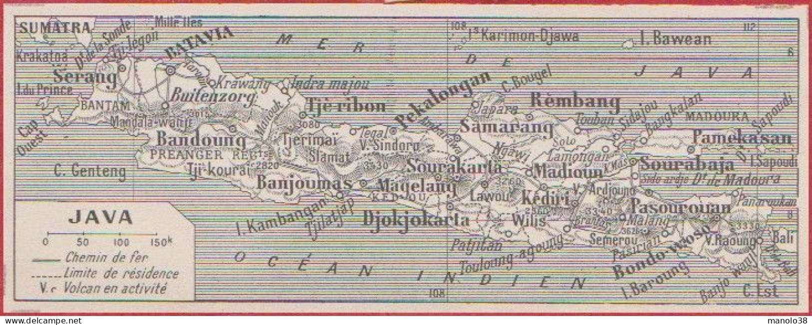 Java. Carte Avec Chemin De Fer, Limite De Résidence, Volcan En Activité. Larousse 1948. - Documentos Históricos