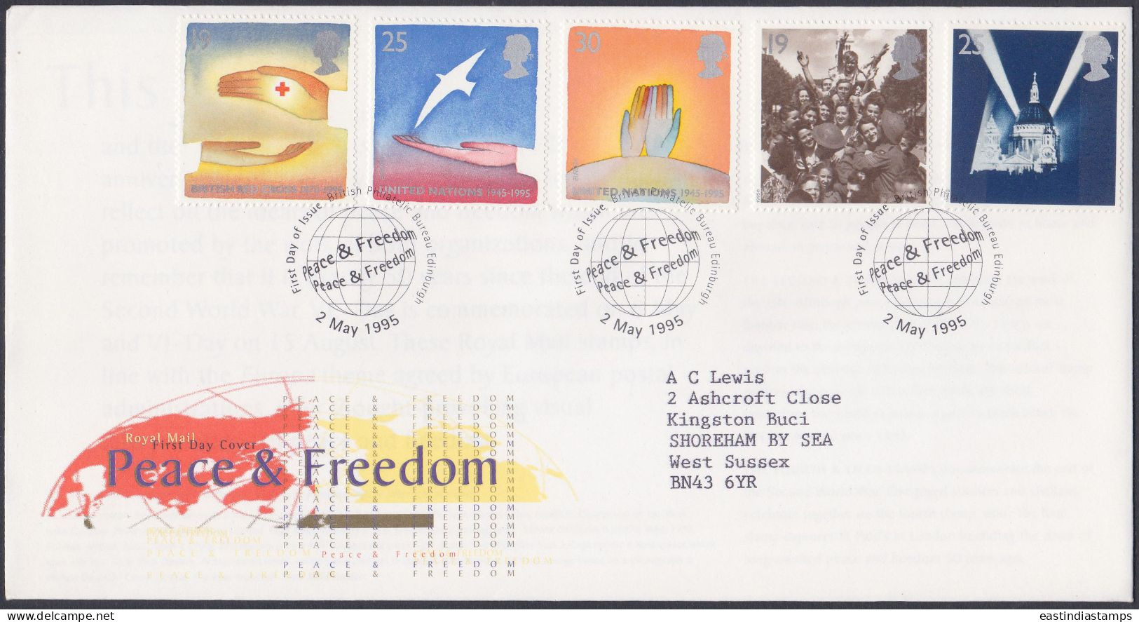 GB Great Britain 1995 FDC Peace & Freedom, United Nations, British Red Cross, Bird, Pictorial Postmark, First Day Cover - Brieven En Documenten