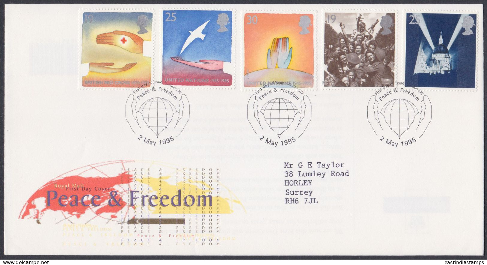 GB Great Britain 1995 FDC Peace & Freedom, United Nations, British Red Cross, Bird, Pictorial Postmark, First Day Cover - Briefe U. Dokumente