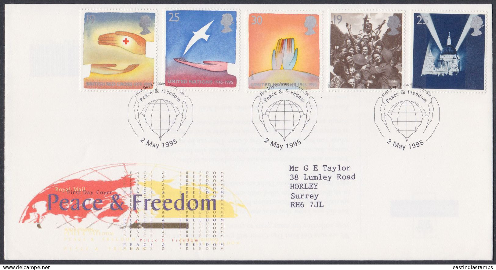 GB Great Britain 1995 FDC Peace & Freedom, United Nations, British Red Cross, Bird, Pictorial Postmark, First Day Cover - Lettres & Documents