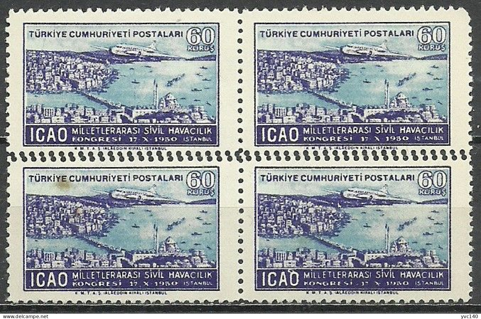 Turkey; 1950 ICAO Regional Congress 60 K. ERROR "Double Perf." Block Of 4 - Neufs