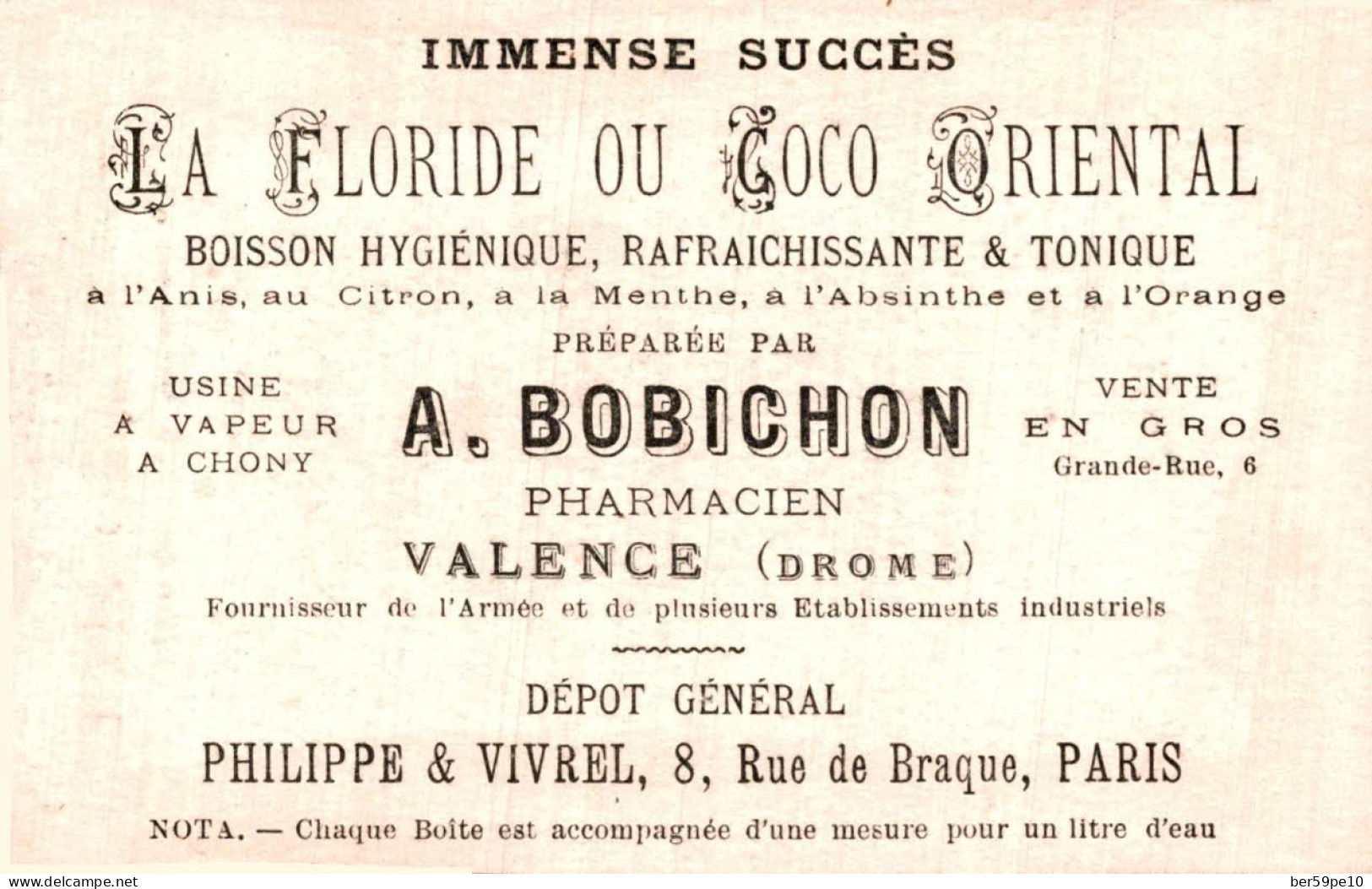 CHROMO LA FLORIDE OU COCO ORIENTAL A. BOBICHON A VALENCE JOLI PORTRAIT - Autres & Non Classés