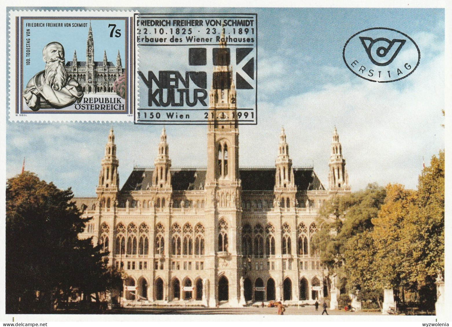 D 1748) Österreich 1991 Mi# 2016 ET-MK: Von Schmidt, Architekt Des Rathaus Wien - Lettres & Documents
