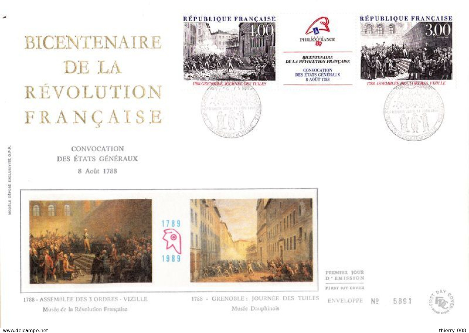 T2538A  2537 2538 Premier Jour  Triptyque Révolution Française Journée Des Tuiles Grenoble Assemblée Des 3 Ordres Vizill - 1980-1989