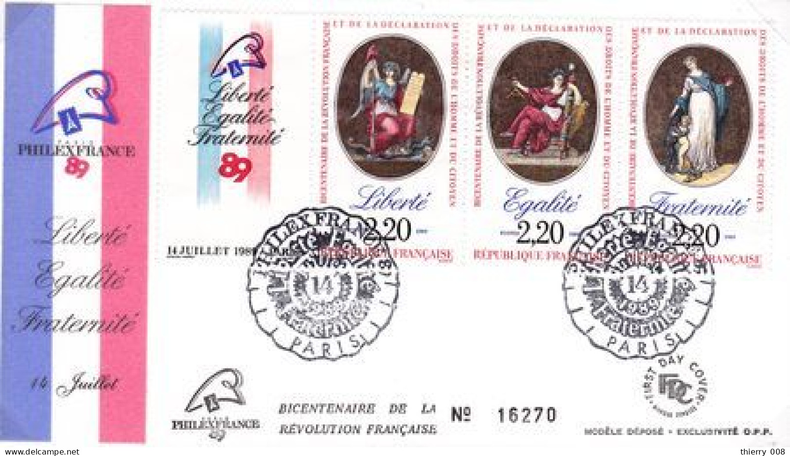 2576 Enveloppe Premier Jour Triptyque Liberté Egalité Fraternité Philexfrance 89  Paris  14 Juillet 1989 - 1980-1989