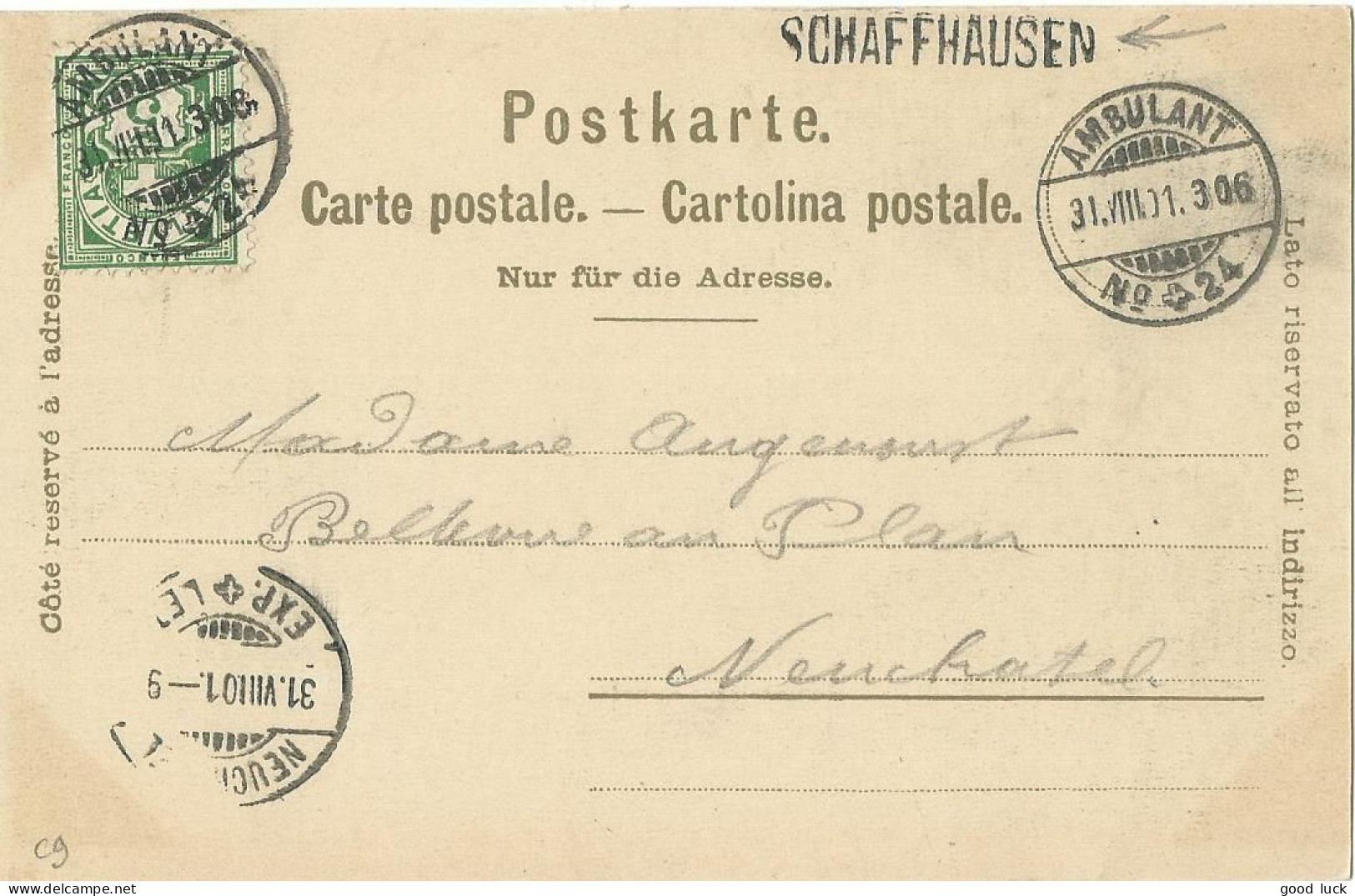 SUISSE CARTE 5c MARQUE LINEAIRE SCHAFFHAUSEN + AMBULANT N°24 POUR NEUCHATEL DE 1901 LETTRE COVER - Storia Postale