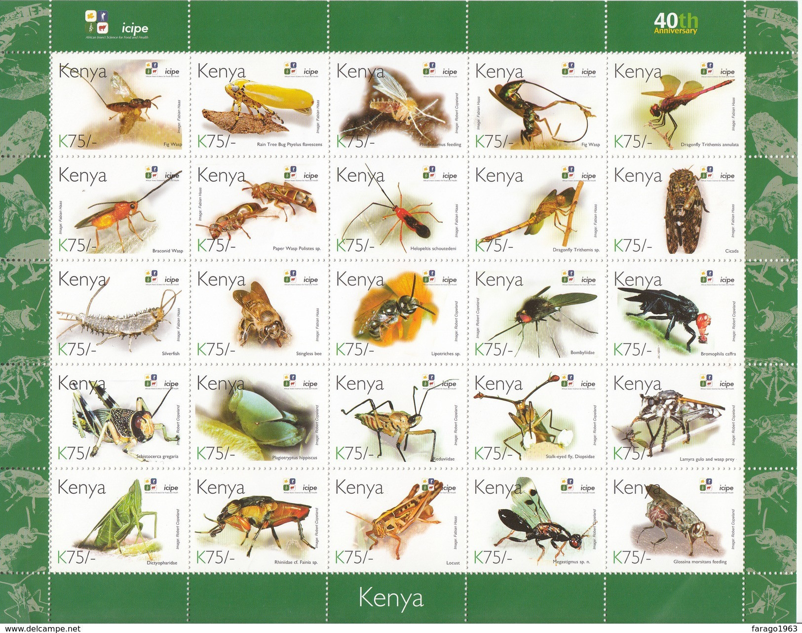 2011  Kenya ICIPE Insects 75 Shilling  Complete Sheet Of 25 Different MNH Stamps ICIPE Is Based In East Africa! - Kenia (1963-...)