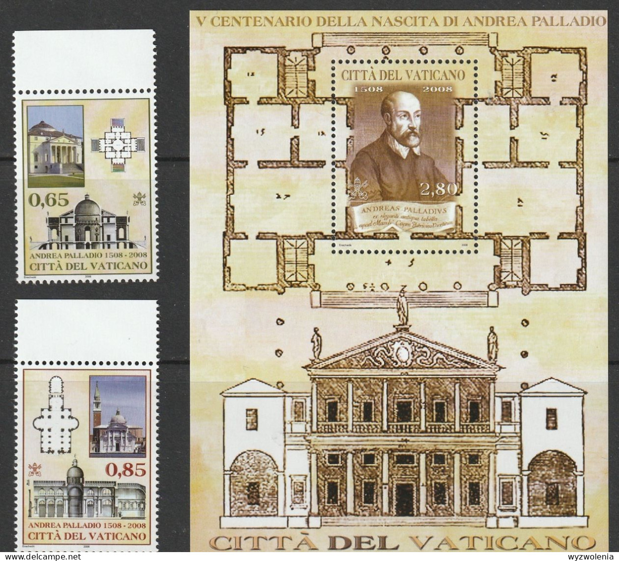 H 469) Vatikan 2008 Mi# 1623-25 Bl.31 **: Andrea Palladio, Architekt - Neufs