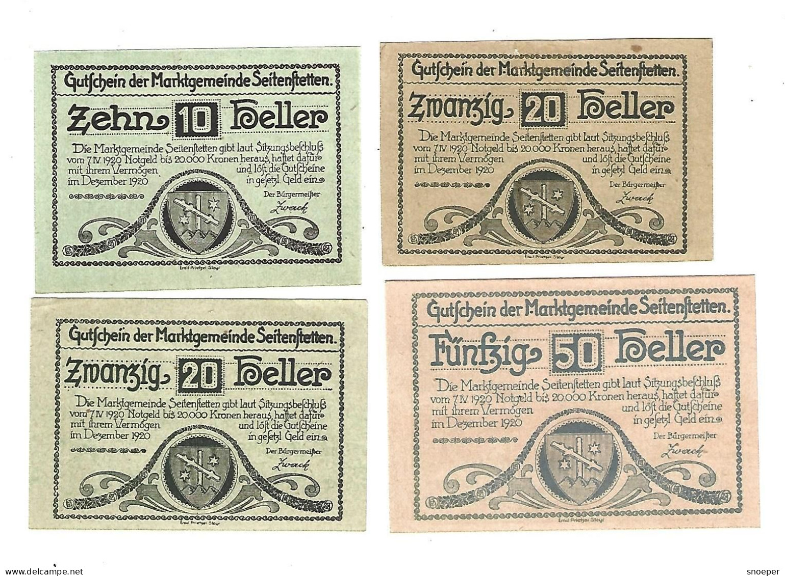 **notgeld   Austria Seitenstetten 10+2x20+50 Heller  990a+d+f+g  Cat Val 4 Euro - Autriche