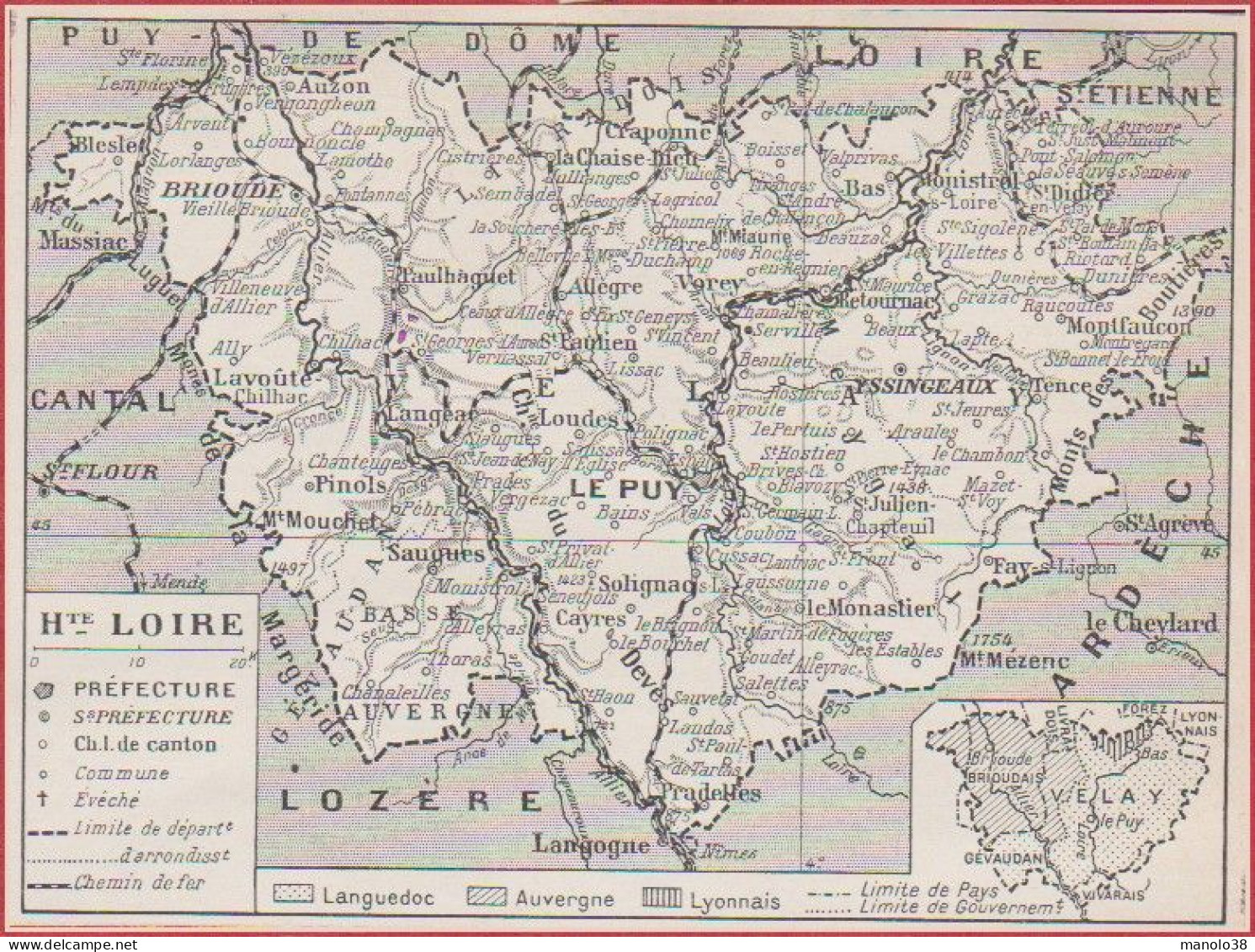 Carte Du Département De Haute Loire (43). Préfecture, Sous Préfecture Etc... Chemin De Fer. Larousse 1948. - Historische Dokumente