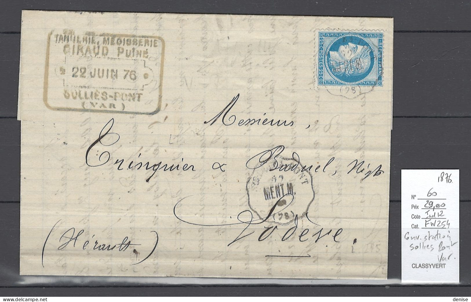 France - Lettre - Convoyeur Station - SOLLIES PONT - Var - 1876 - Bahnpost