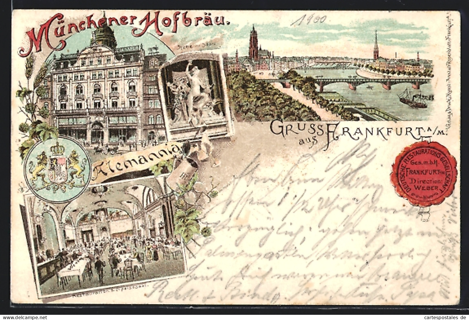 Lithographie Frankfurt A. M., Gasthaus Münchener Hofbräu / Alemannia, Hebe-Statue, Saal, Wappen, Ortsansicht  - Frankfurt A. Main