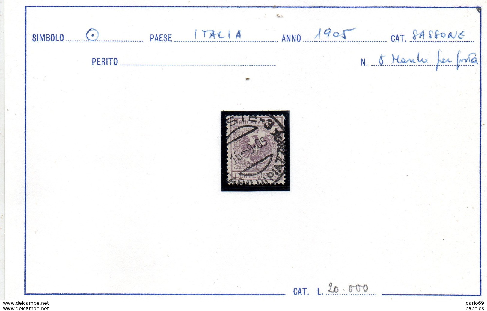 1905 MARCA DA BOLLO USATA PER POSTA - Revenue Stamps