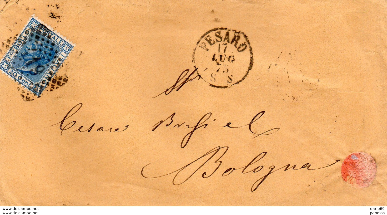 1873  LETTERA CON ANNULLO  NUMERALE PESARO + BOLOGNA - Poststempel