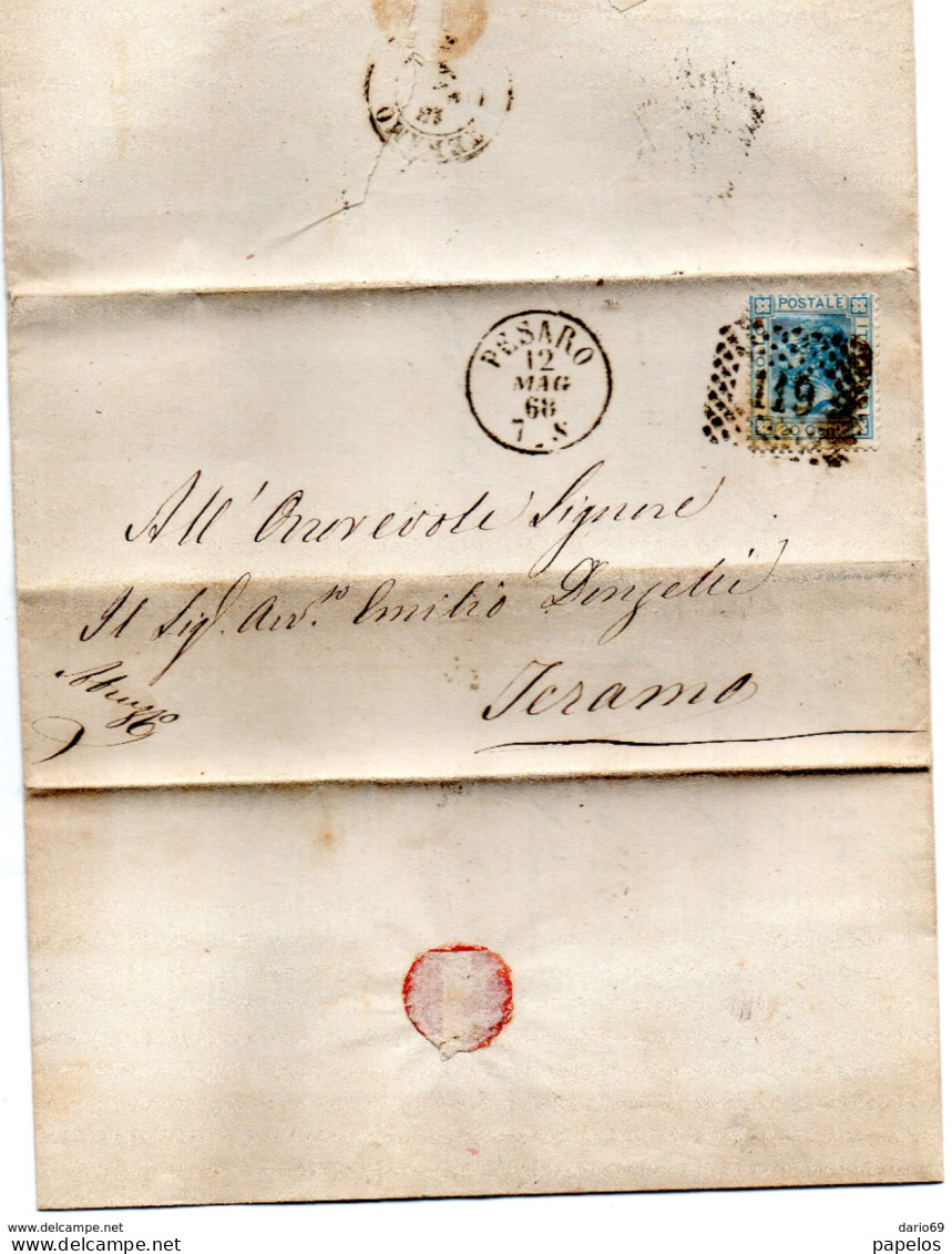 1868  LETTERA CON ANNULLO PESARO + TERAMO - Marcofilía