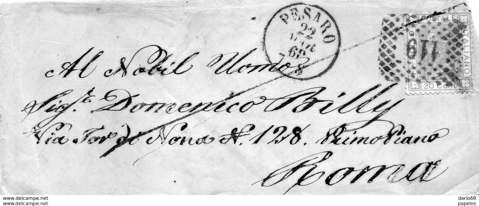 1869  LETTERA CON ANNULLO  NUMERALE PESARO + ROMA - Storia Postale
